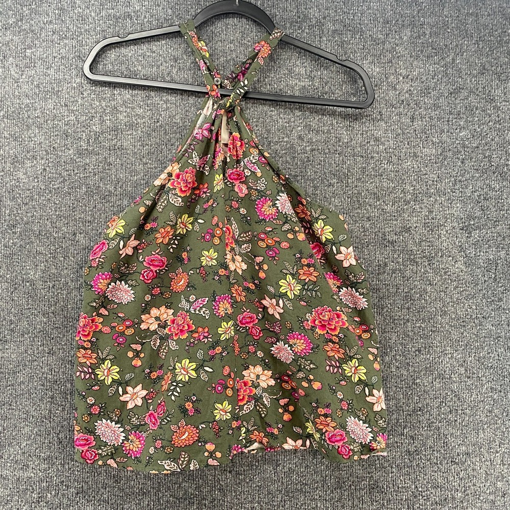Loft Blouse Top Womens S Linen Green Floral Halter Canvas Fairy Cottagecore Boho